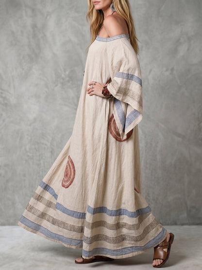 Batwing Sleeves Loose Contrast Color Printed Striped Asymmetric Neckline Maxi Dresses