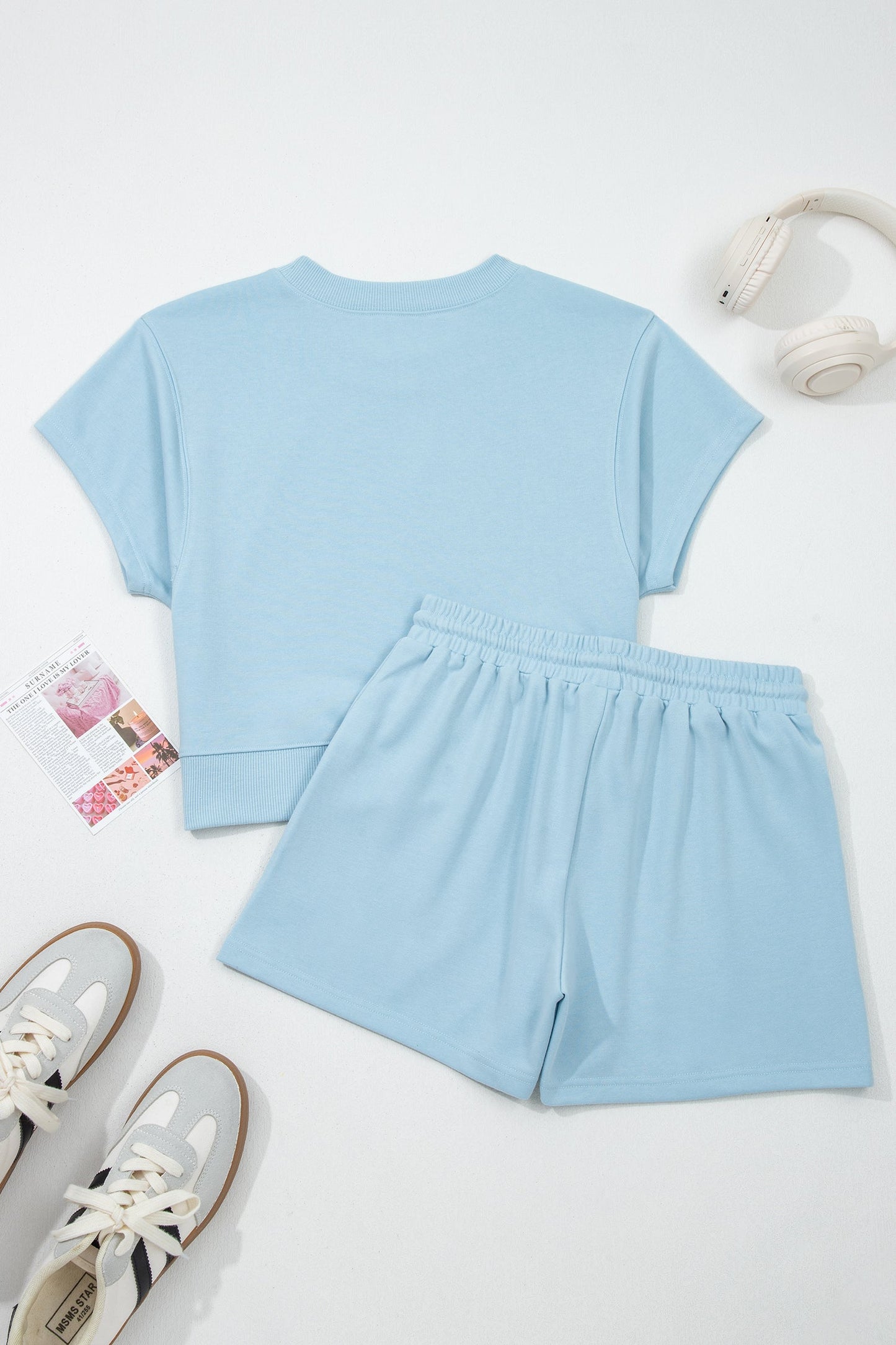Sea Green Solid Color Loose Tee Drawstring Shorts 2pcs Outfit