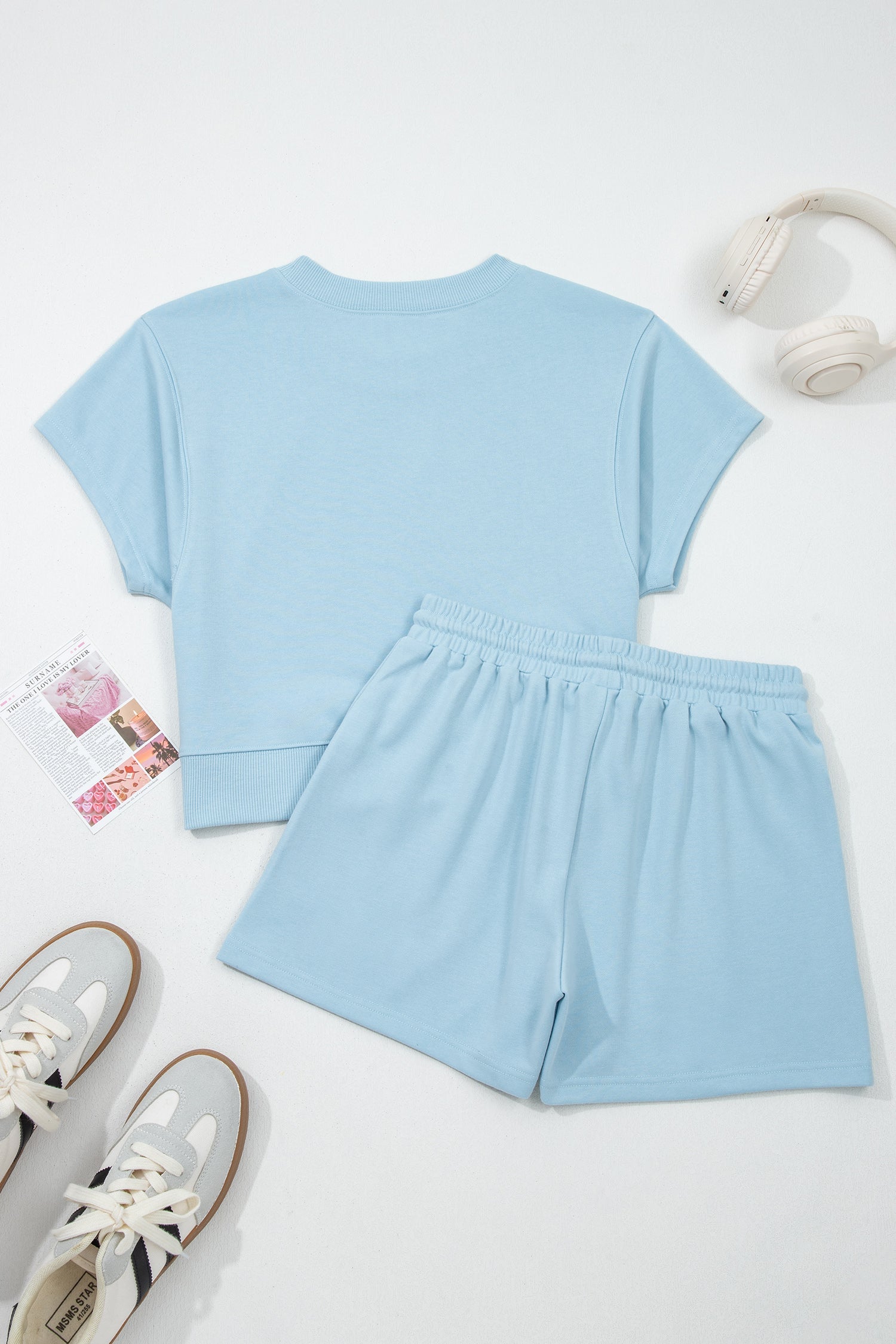 Sea Green Solid Color Loose Tee Drawstring Shorts 2pcs Outfit