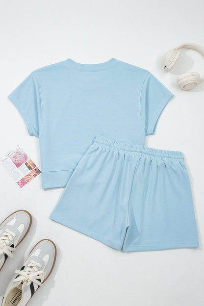 Sea Green Solid Color Loose Tee Drawstring Shorts 2pcs Outfit