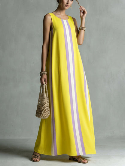A-Line Loose Pockets Striped Round-Neck Maxi Dresses