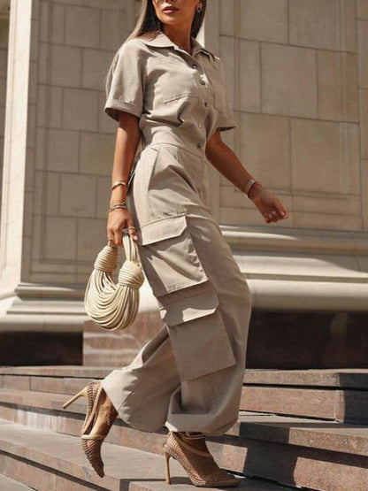 Loose Short Sleeves Buttoned Pockets Solid Color Lapel Jumpsuits