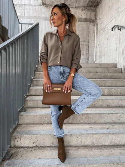 Chemisiers tendance à manches longues et col à revers de couleur unie 