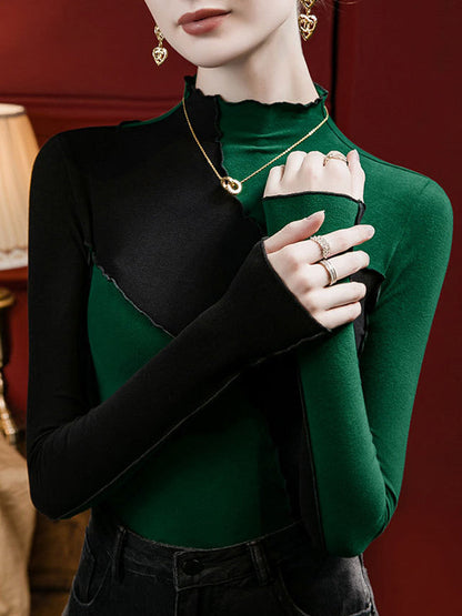 Long Sleeves Plus Size Contrast Color Ruffle Trim Split-Joint Mock Neck T-Shirts Tops