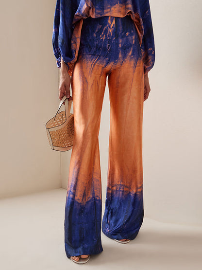 High Waisted Loose Contrast Color Gradient Split-Joint Tie-Dyed Pants Trousers