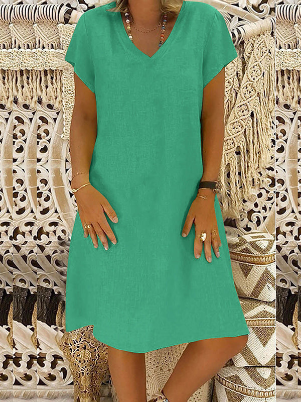 A-Line Loose Solid Color V-Neck Midi Dresses GREEN