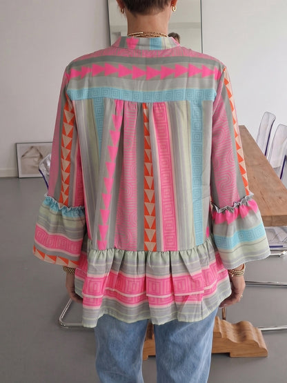 Flared Sleeves Long Sleeves Buttoned Contrast Color Pleated Printed Ruffle Trim Split-Joint V-Neck Blouses&Shirts Tops
