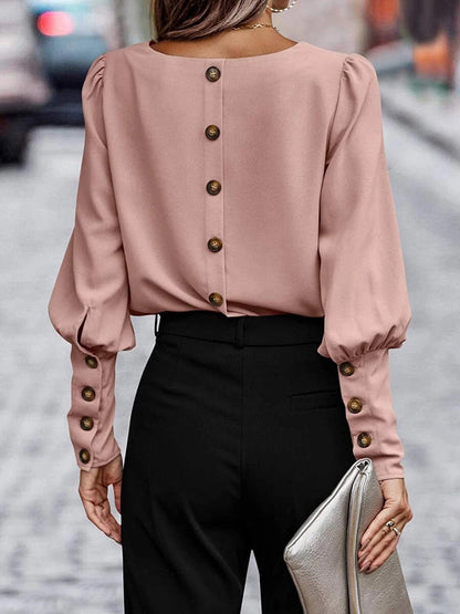Long Sleeves Loose Buttoned Pleated Solid Color Round-Neck Blouses&Shirts Tops