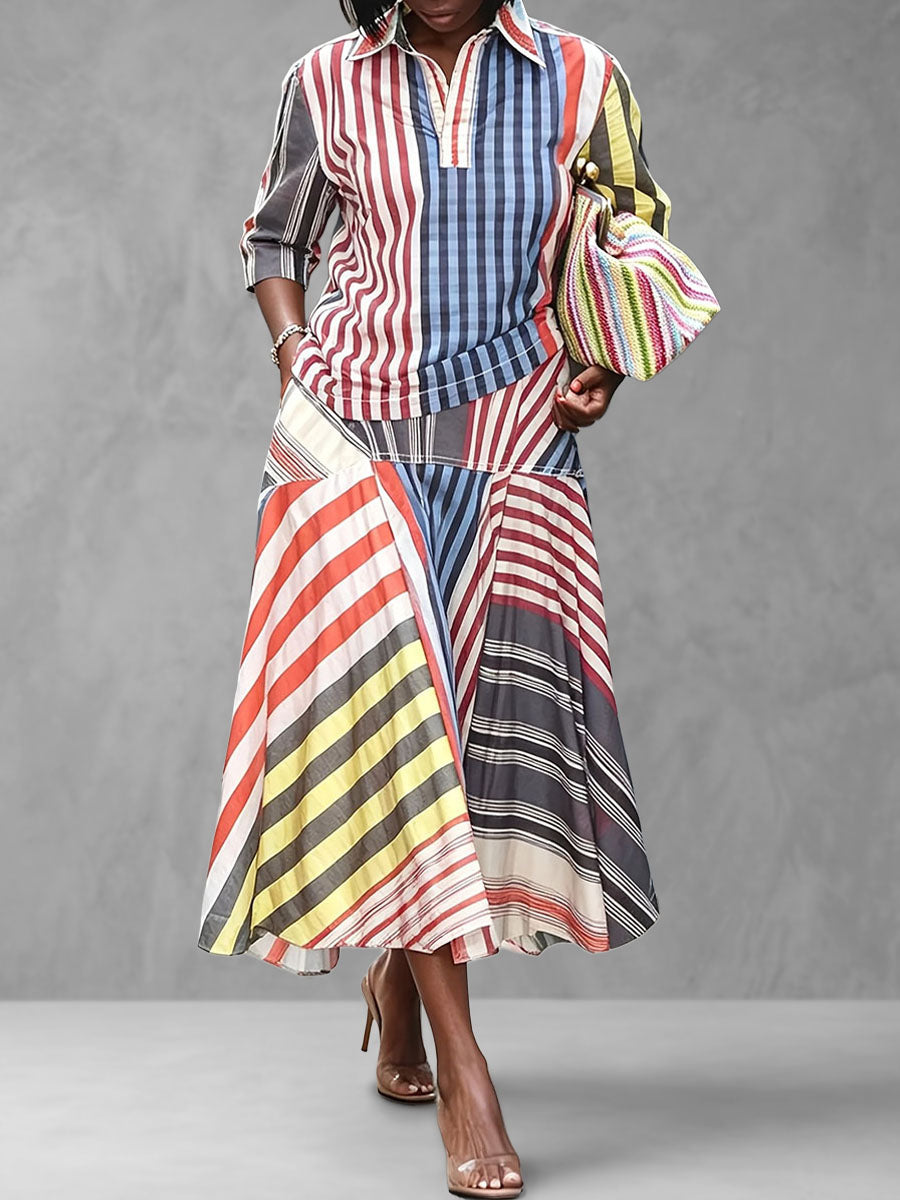 Striped Contrast Color Three-quarter Sleeves Loose Lapel Blouses&shirts Tops