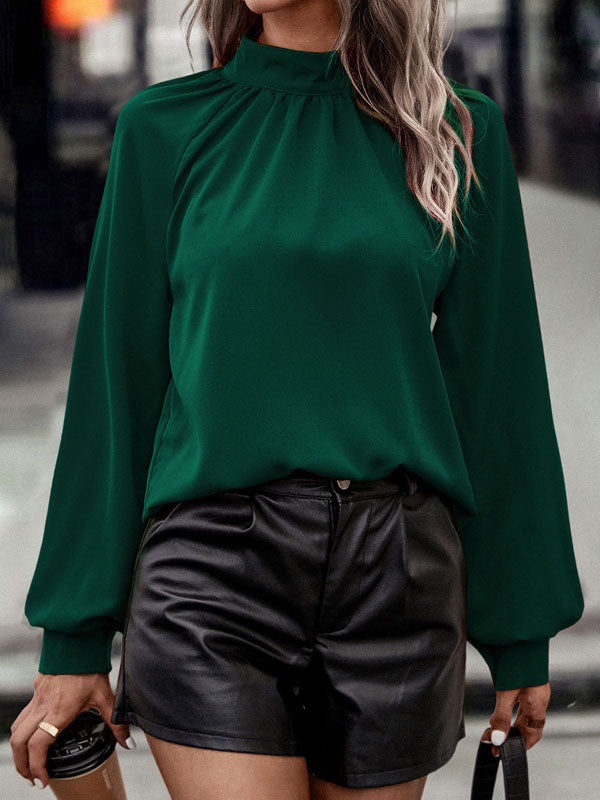 Long Sleeves Loose Backless Pleated Solid Color Mock Neck Blouses&Shirts Tops