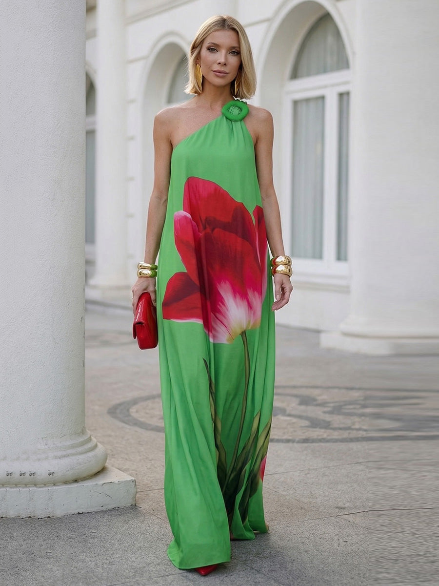 A-line Sleeveless Buckle Contrast Color Flower Print Split-Joint One-shoulder Maxi Dresses