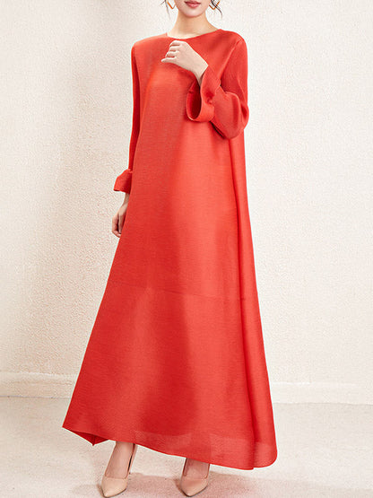 A-Line Loose Pleated Solid Color Round-Neck Maxi Dresses ORANGE One_size