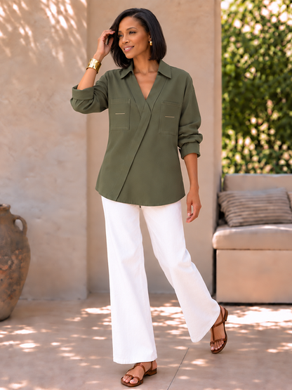 Split-Joint Pockets Contrast Color Asymmetric Three-quarter Sleeves V-neck Blouses&shirts Tops