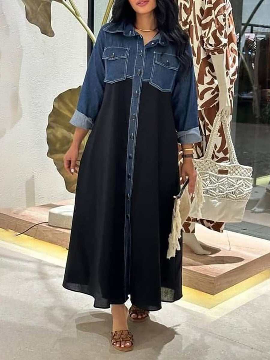 A-Line Long Sleeves Buttoned Pockets Split-Joint Lapel Maxi Dresses
