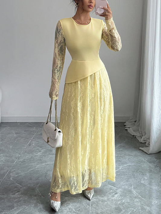 A-Line Irregularity Asymmetric Flower Print Layered See-Through Solid Color Split-Joint Round-Neck Maxi Dresses