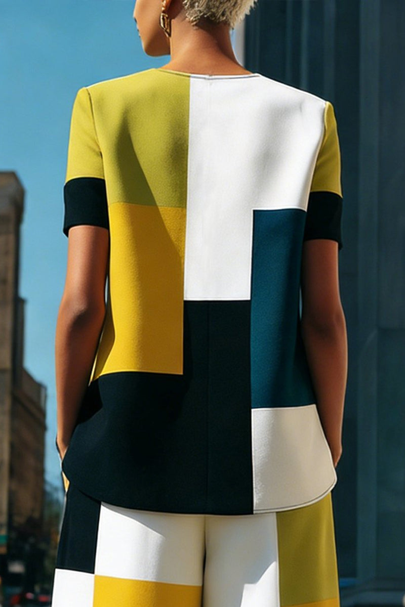 Loose Short Sleeves Contrast Color Split-Joint Round-Neck Blouses&Shirts Tops