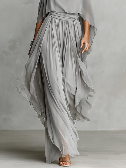 High Waisted Irregularity Layered Pleated Ruffle Trim Solid Color Pants Trousers