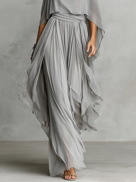 High Waisted Irregularity Layered Pleated Ruffle Trim Solid Color Pants Trousers