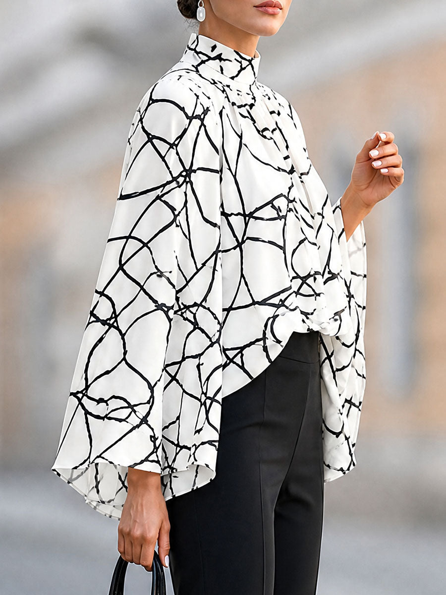 Split-Joint See-Through Printed Contrast Color Long Sleeves Flared Sleeves Mock Neck Blouses&shirts Tops