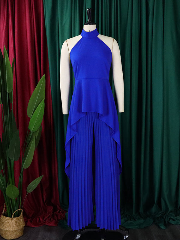 Ensemble deux pièces haut court et pantalon taille haute en dentelle à dos nu et col licou 