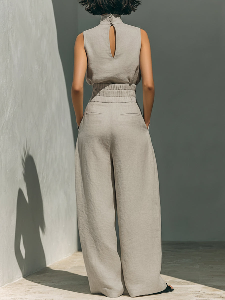 Sleeveless Buttoned Hollow Solid Color Split-Joint Mock Neck Blouses&Shirts Tops