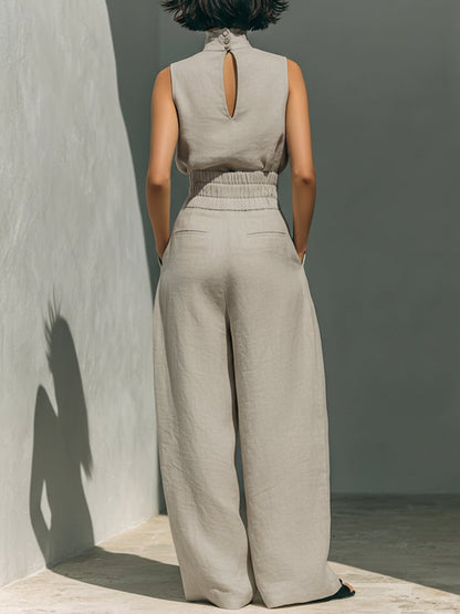 Sleeveless Buttoned Hollow Solid Color Split-Joint Mock Neck Blouses&Shirts Tops