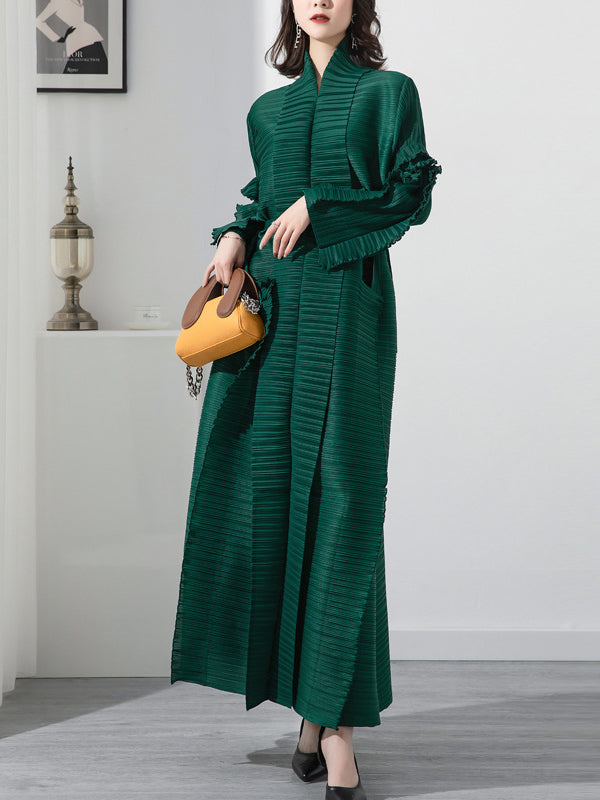 Casual Long Sleeves Loose Tied Pleated Stand Collar Midi Dresses