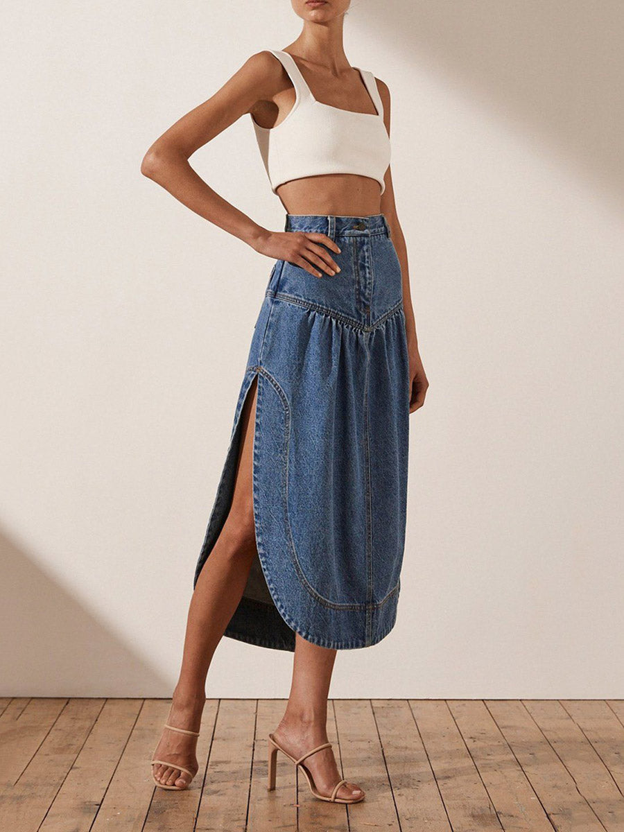 A-line High Waisted Pleated Pockets Split-Joint Split-side Skirts Bottoms