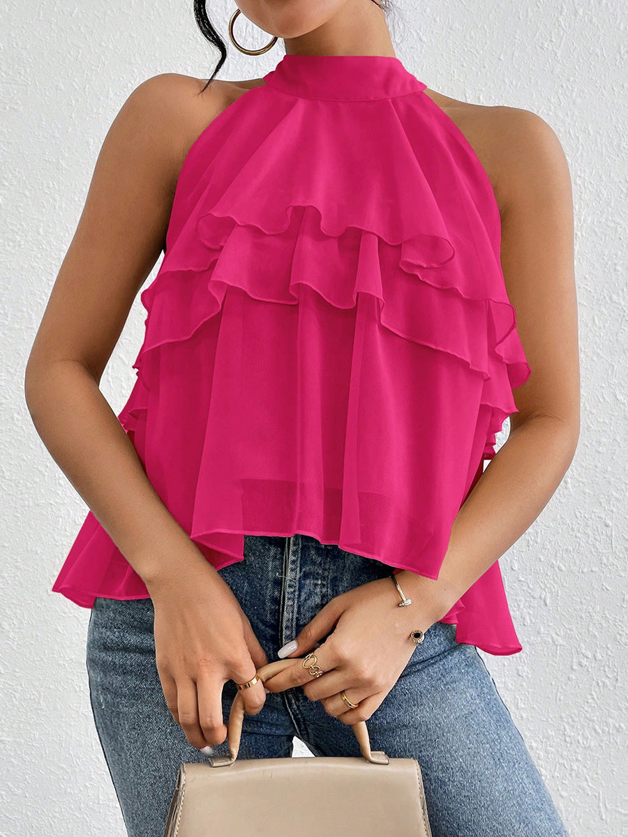 Sleeveless Hollow Ruffle Trim Solid Color Split-Joint Halter-Neck Tank Top