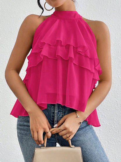 Sleeveless Hollow Ruffle Trim Solid Color Split-Joint Halter-Neck Tank Top