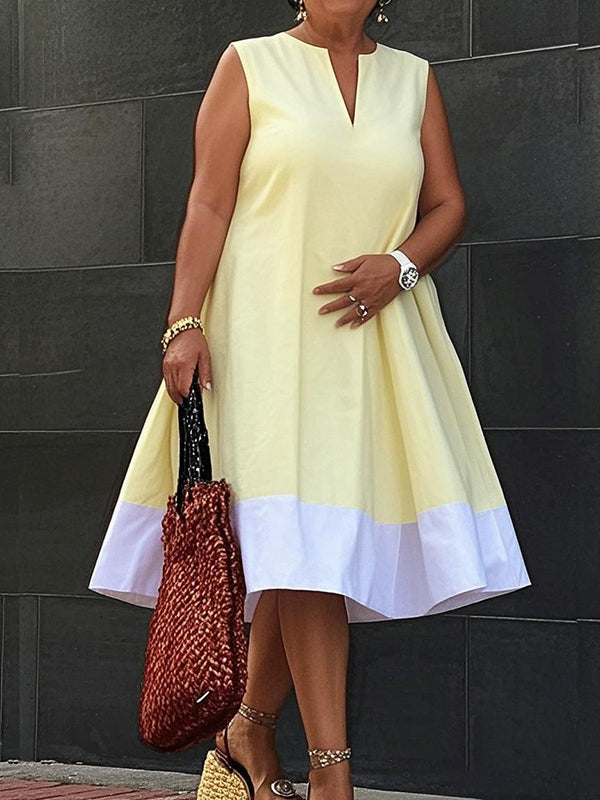 A-Linie Locker Kontrastfarben Taschen V-Ausschnitt Midikleider 
