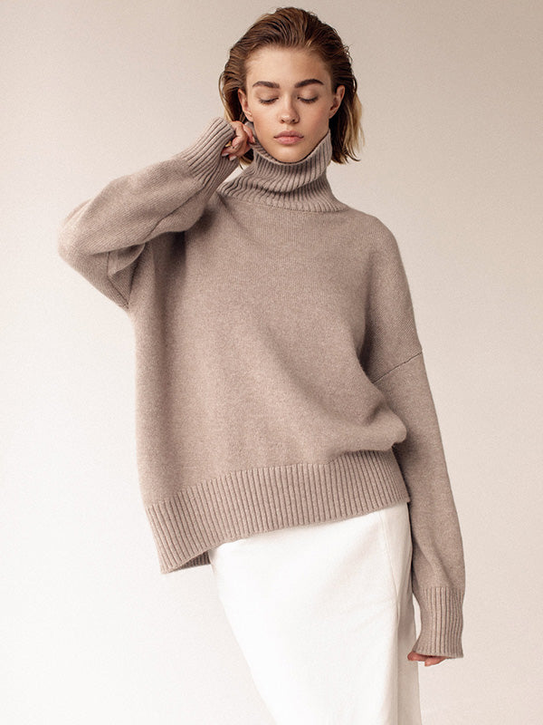 Casual Long Sleeves Loose Solid Color High-Neck Sweater Tops KHAKI