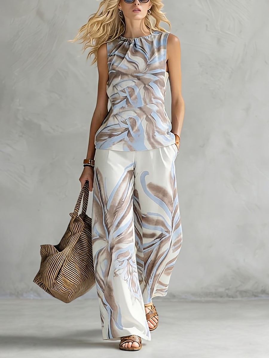High Waisted Wide Leg Contrast Color Pockets Printed Casual Pants Bottoms Trousers