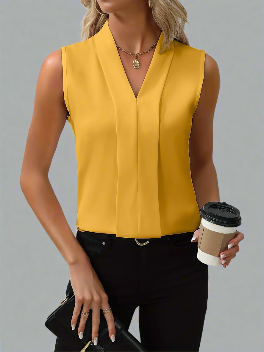 Claire | Women's V-Neck Sleeveless Pleated Front Blouse Top