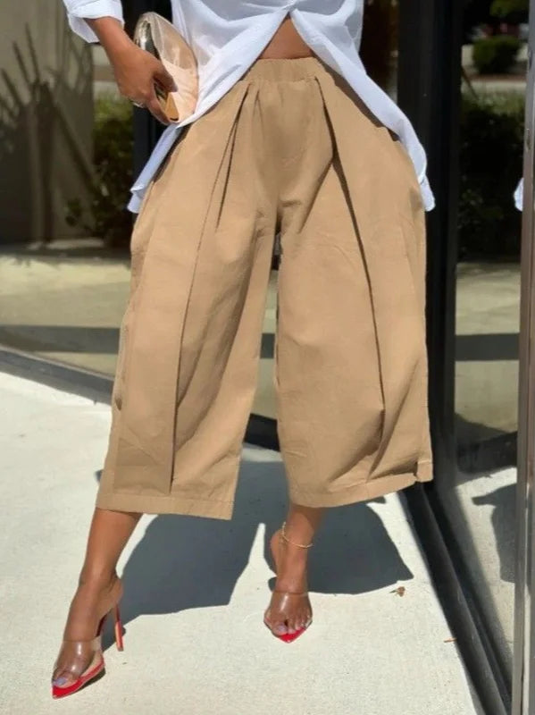 Solid Color Pockets Pleated Wide Leg Loose Pants