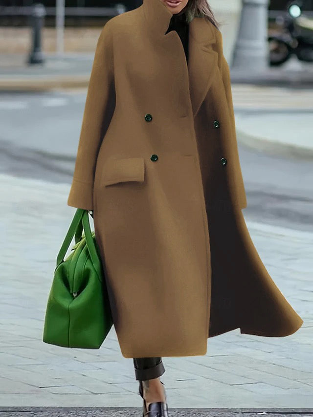 Split-Joint Solid Color Pockets Buttoned Loose Long Sleeves Stand Collar Woolen Coat