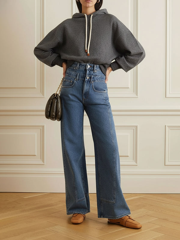 High Waisted Loose Buttoned No Belt Pockets Split-Joint Jean Pants Bottoms