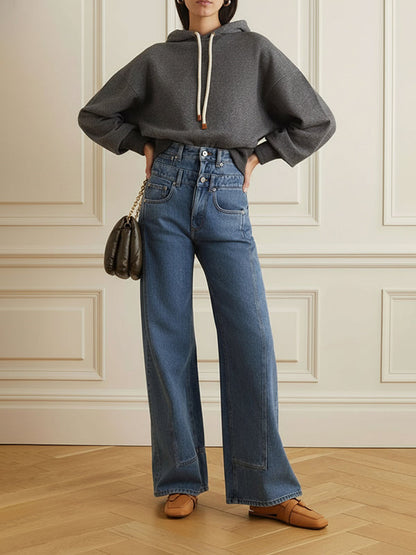 High Waisted Loose Buttoned No Belt Pockets Split-Joint Jean Pants Bottoms