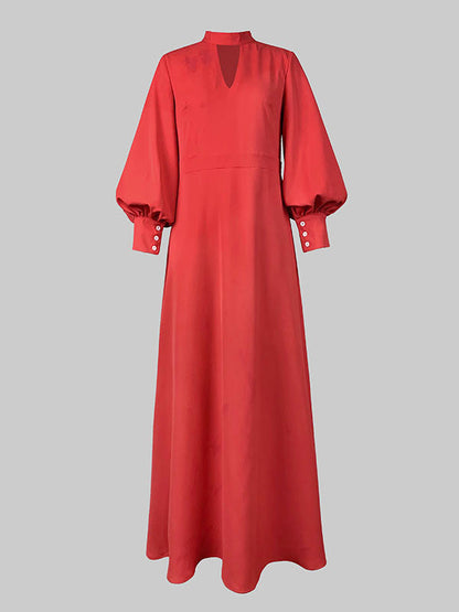 Long Sleeves Loose Buttoned Hollow Solid Color Split-Joint Round-Neck Maxi Dresses
