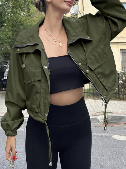Crop Drawstring Hem Zip Up Jacket