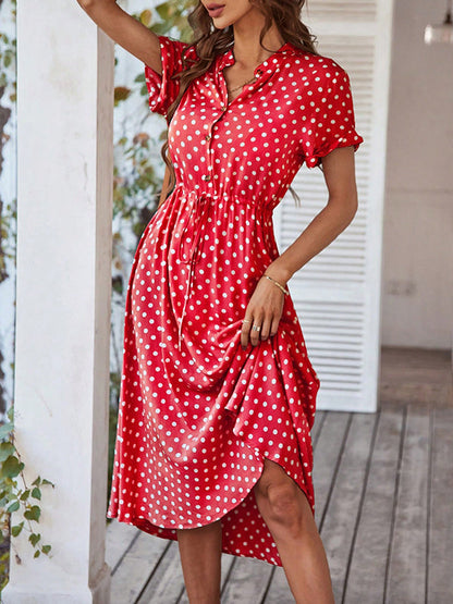A-Line High Waisted Buttoned Drawstring Polka-Dot V-Neck Midi Dresses