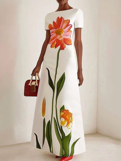 Short Sleeves Flower Print Boat Neck Maxi Dresses