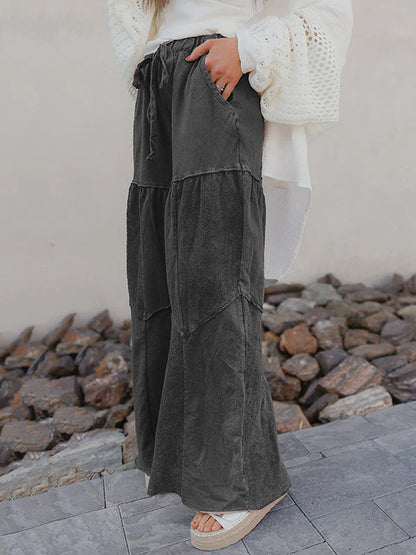 High Waisted Loose Drawstring Pleated Pockets Solid Color Split-Joint Pants Trousers