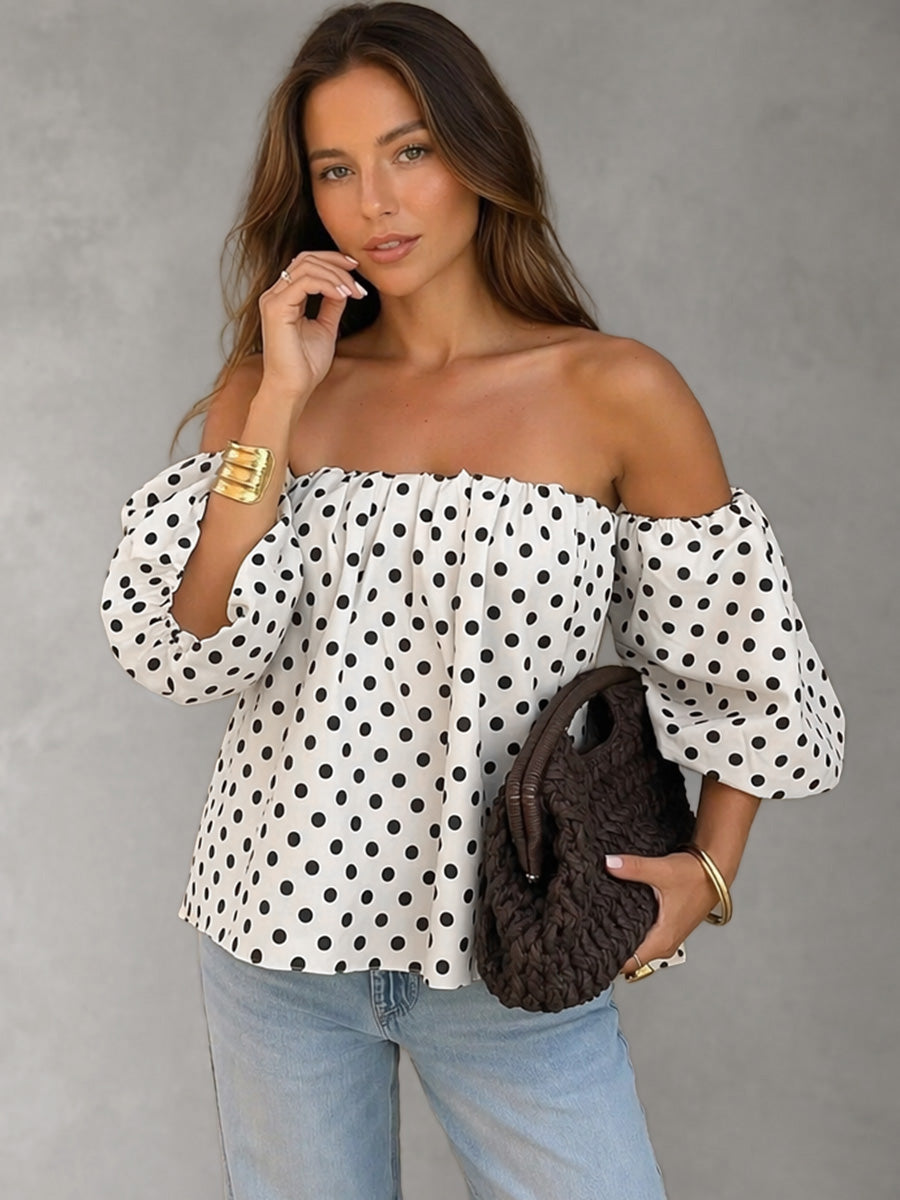 Half Sleeves Loose Backless Contrast Color Elasticity Polka Dot Off-The-Shoulder Blouses&Shirts Tops