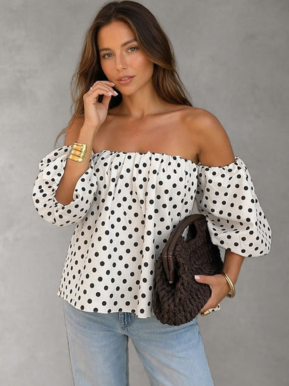 Half Sleeves Loose Backless Contrast Color Elasticity Polka Dot Off-The-Shoulder Blouses&Shirts Tops