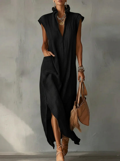 Loose Sleeveless Pockets Ruffled Solid Color Split-Side Stand Collar Maxi Dresses
