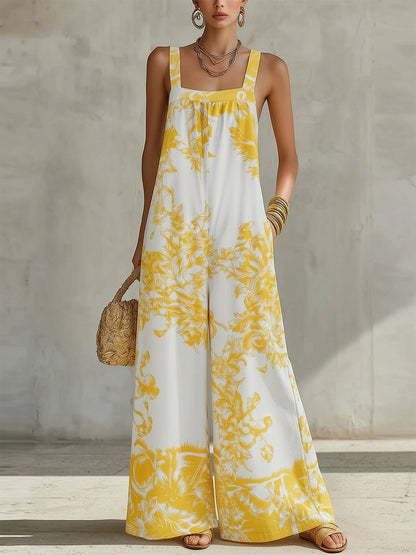 Pockets Pleated Flower Print Wide Leg Sleeveless Spaghetti-Neck Jumpsuits