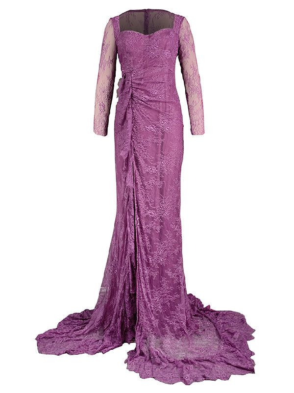 Robe de soirée longue à manches longues et col carré, en maille sirène transparente et fendue sur les côtés 