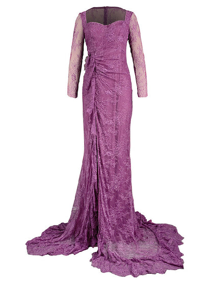 Robe de soirée longue à manches longues et col carré, en maille sirène transparente et fendue sur les côtés 