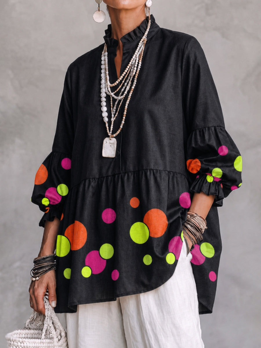 Split-Joint Ruffle Trim Polka-Dot Contrast Color Buttoned Three-quarter Sleeves Puff Sleeves Mock Neck Blouses&shirts Tops